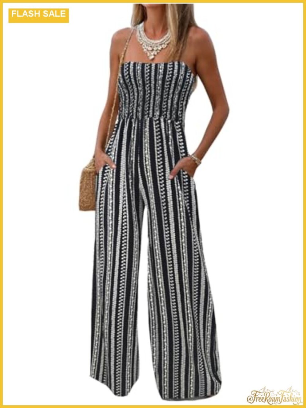 Women's Strapless Wide Leg Jumpsuit Sleeveless Smocked Romper